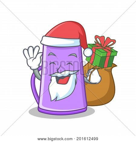 Santa with gift purple teapot character cartoon vector illustration