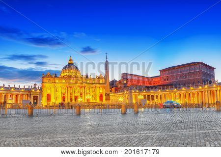 St. Peter's Square And St. Peter's Basilica, Vatican City In The Evening Time.italy.