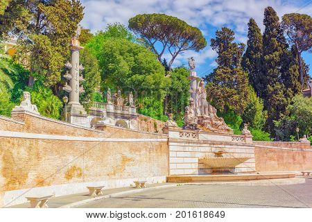 Fountain Of Rome's Goddess And Terrace De Pincio (terrazza Del Pincio) Near People Square (piazza De