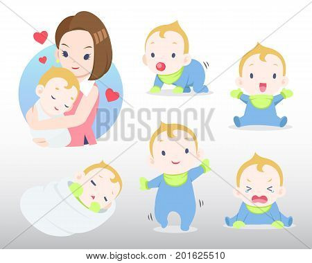 Mother and baby in many actions illustration
