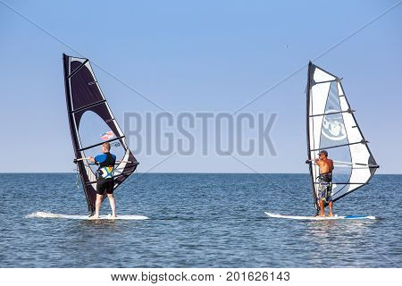 Russia - Yeisk AUG 2017: windsurfing training in the sea of Azov