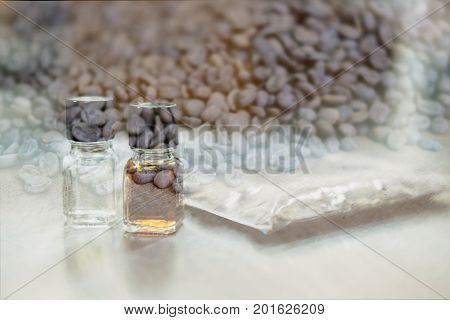 Coffee Tasting With Reference Flavor. Aroma Perception In Coffee. Bottle Of Fragrance For Taster To