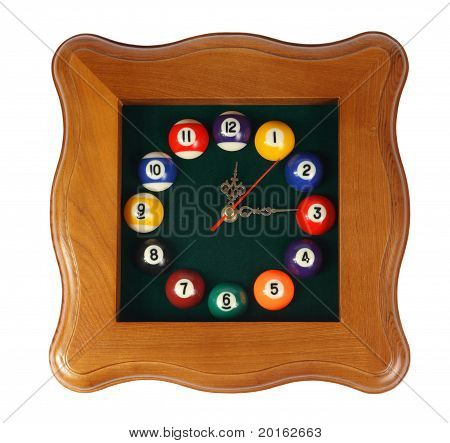 Reloj de pared, mesa de billar en el fondo blanco