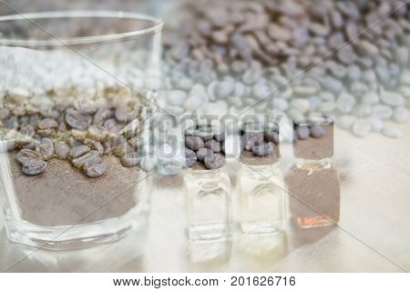 Glass Of Coffee For Taster To Smell And Taste Aromatic And Flavor Wheel. Aroma Perception In Brewed