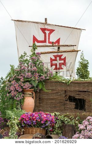 Decorations with flowers during Madeira Wine Festival - Historical and Ethnographic parade in Funchal on Madeira. Portugal