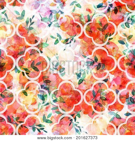 A seamless pattern of a watercolor drawing of a bouquet of flowers with branches of leaves, with a quatrefoil design, on a pastel background, an abstract repeat print