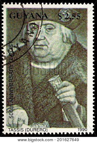 Moscow Russia - August 28 2017: A stamp printed in Guyana shows portrait of Franz von Taxis by Albrecht Durer (1471-1528) series 