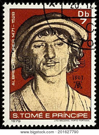 Moscow Russia - August 28 2017: A stamp printed in Sao Tome and Principe shows portrait of a young man by Durer series 