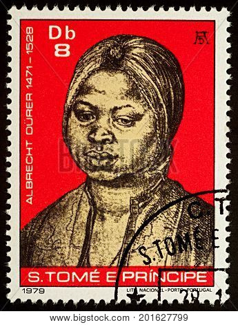 Moscow Russia - August 28 2017: A stamp printed in Sao Tome and Principe shows portrait of a black woman by Durer series 