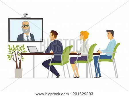 Distance Meeting - vector flat illustration of an employer, supervisor, colleague, employee. A group of cartoon characters, table, work station. Staffe members discuss issues with senior manager.