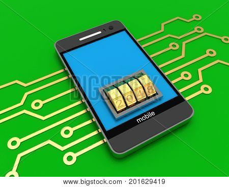 Mobile Phone With Electronic Circuit And Lock Dial . 3D Rendered Illustration