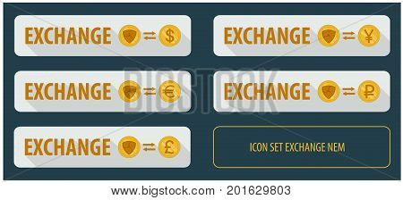 Rectangular horizontal button vector exchange crypto currency NEM with other currencies. banner with arrows on a white background and long shadows