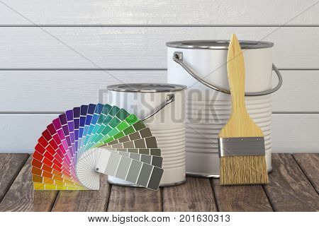 Paint cans, paint brush and color palette on wood table. 3d illustration