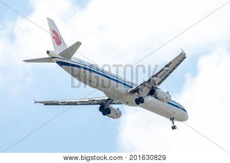 Bangkok, Thailand. - April 8, 2017 : Plane Airbus a321 of Air China Airlines or Airways on the sky landing to Suvanabhumi airport.
