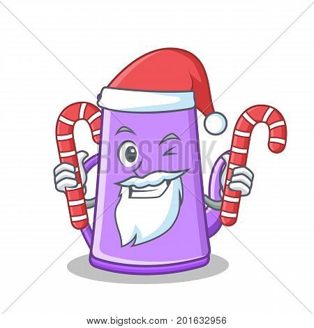 Santa with candy purple teapot character cartoon vector illustration