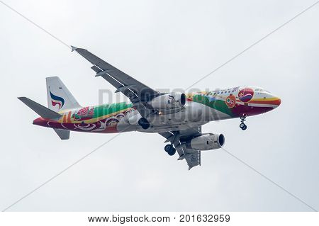Bangkok, Thailand. - July 24, 2017 : Plane or aircraft of Bangkok Thai Airways or Airlines on the sky landing to Suvanabhumi airport.