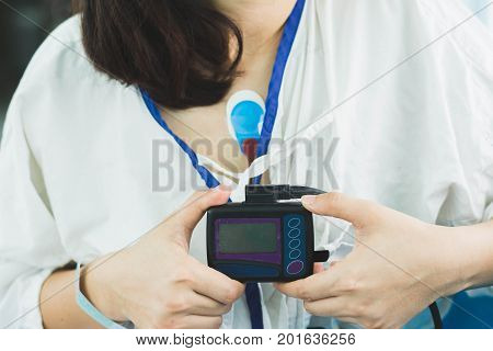 Patient Wearing Holter Monitor Device For Monitoring Of An Electrocardiogram 24 Hour Heart Investiga