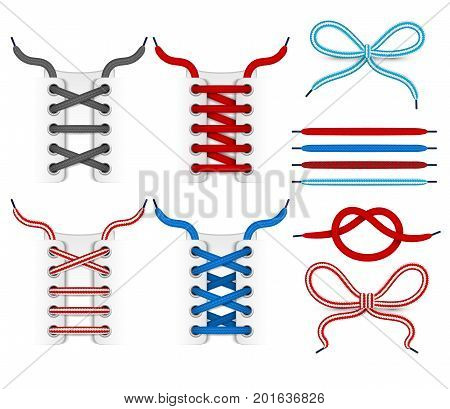 Shoelace tying vector icons. Color shoelace for footwear, colored lace shoe illustration