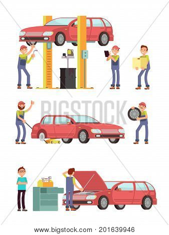 Car repair auto service with mechanic characters in uniform vector set. Mechanic repair car, automobile maintenance illustration