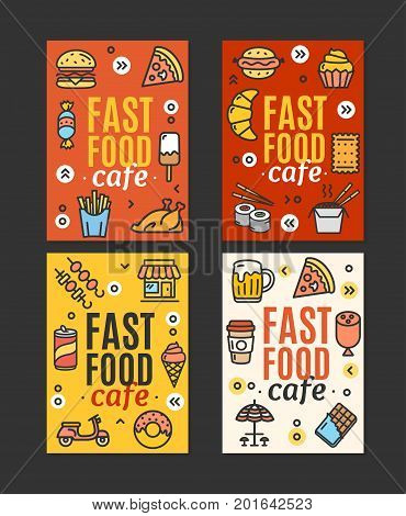 Fastfood and Street Food Flyer Banner Posters Card Template Set witch Color Outline Icons Marketing Concept Cafe. Vector illustration of four banners