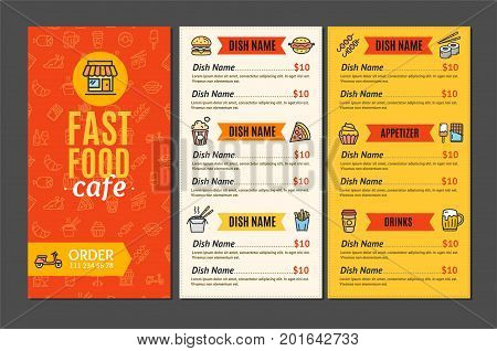 Fastfood and Street Food Menu Cafe Design Template Name Of Dish Order for Service Delivery. Vector illustration of Three page menus