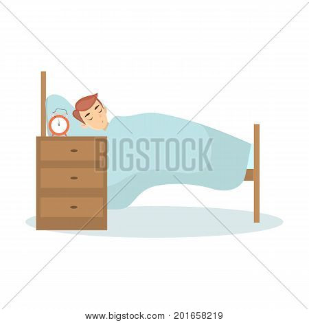 Isolated man sleeping in bed on white background.