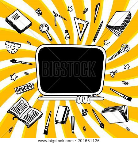 Stationery collection. Outline style. Comics pop-art style empty blackboard. Back to school thin line vector doodle illustration template isolated on twisted background. Sketchy vector backpack and stationery for graphic design, web banner and printed mat