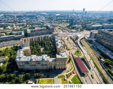 Aerial view of Moscow, Russia. Kutuzovsky prospekt and TTK road.