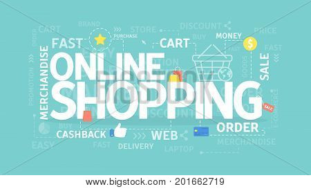 Online shopping concept illustration with words and people.