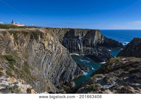 The cliffs at the Sardao Cape (Cabo Sardao) in the Vicentine Coast in Alentejo Portugal; Concept for travel in Portugal