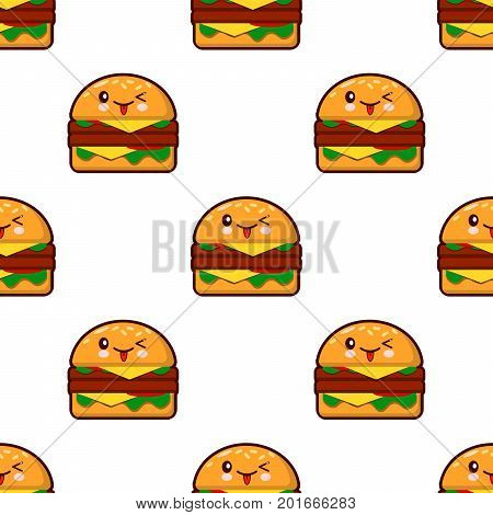 seamless pattern with kawaii burger on white background Flat design Vector Illustration gamburger