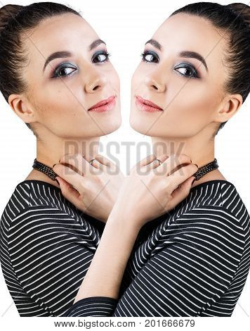 Comparison portrait of adult woman before and after retouch