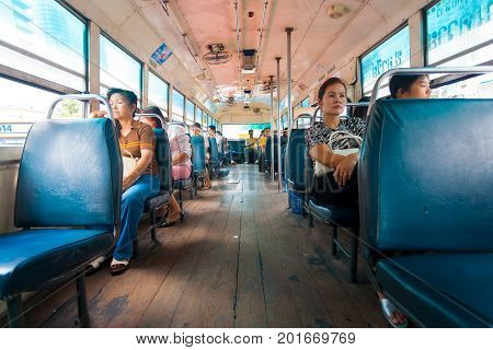 Thailand Interior Bus Passengers Wooden Floor