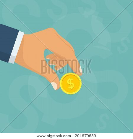 Coin in hand. Holding money in hand human. Pay cash. Gold dollar coin. Isolated on white background. Vector illustration flat style design. Template for financial projects. Donat icon. Give money.