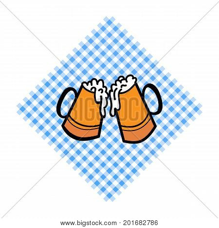 Bayern pattern background. Traditional German Oktoberfest bier festival with two Beer cups. Vector lettering illustration.