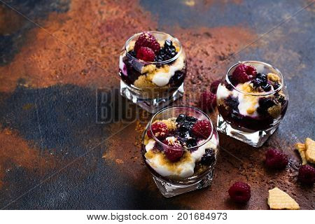 Homemade dessert in glass jars. Cheesecake, trifle, mouse on grunge stone background. Copy space