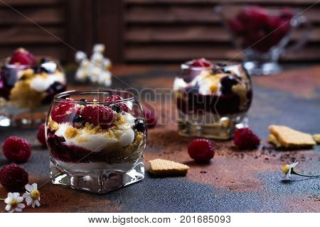 Homemade dessert in glass jars. Cheesecake, trifle, mouse on grunge stone background. Copy space