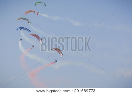 Radom, Poland - August 26, 2017 :the Flying Dragons Aerobatic Group Of Paramotor Flying In The Air S