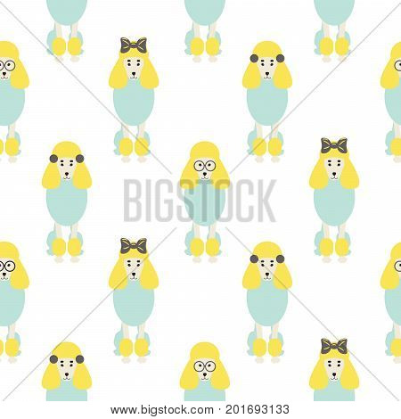 Poodle cute blue and yellow seamless vector hipster pop pattern. Light pastel dogs with bows and glasses background for textile fabric print and wallpaper.