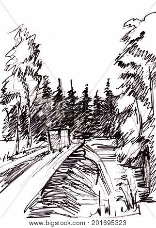 Instant sketch rural road in the forest