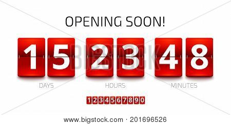 Flip Countdown timer template. Analog Clock counter design. Opening soon flip clock timer. Red Countdown clock isolated on white background. Vector set of numbers for your design