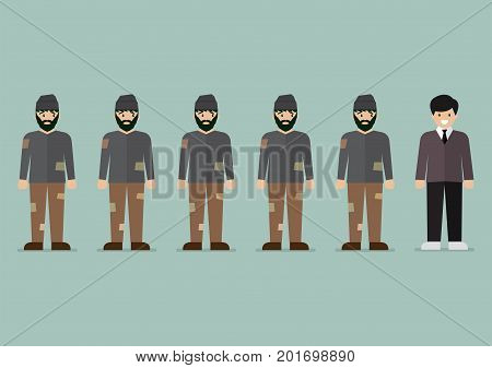 Group of homeless men and rich man character. Vector illustration