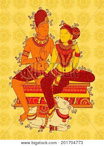 Vector design of Vintage statue of Indian Lord Shiva Parvati in India art style