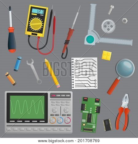 A collection of isolated objects for technology engineer workshop environment. Tools and devices for drafts computer repair and other.