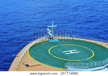 Heliport cruise ship on a sunny day in Caribbean waters
