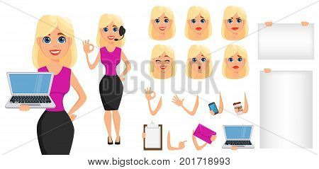 Business woman cartoon character creation set. Cute blonde businesswoman in smart casual clothes. Build your personal design - stock vector