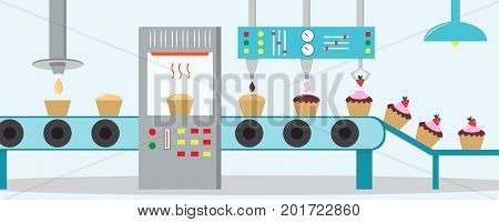 Cupcakes factory. Machine for the production of cupcakes with chocolate, cream and strawberry. Flat style.