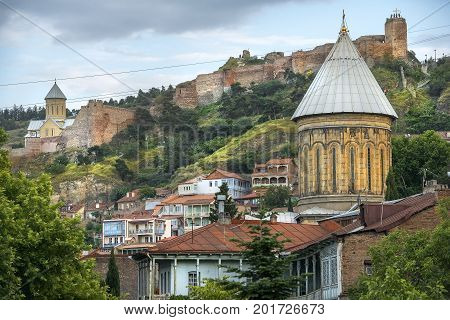 view of the Narikala, ancient fortress and old city in Tbilisi, capital of Georgia