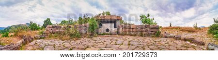 North Caucasus dolmen panorama. Prehistoric megalith monument