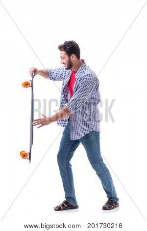 Young skateboarder with a longboard skateboard isolated on white
